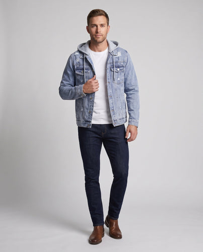 Herren Denim-Workerjacke mit abnehmbarer Jersey-Kapuze, leichtem Destroyed‑Effekt und Regular-Fit Echo Archiv