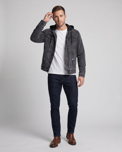 Herren Denimjacke im Layering-Look mit angenähter Jersey-Kapuze, Distressed-Details und geradem Schnitt Echo Archiv