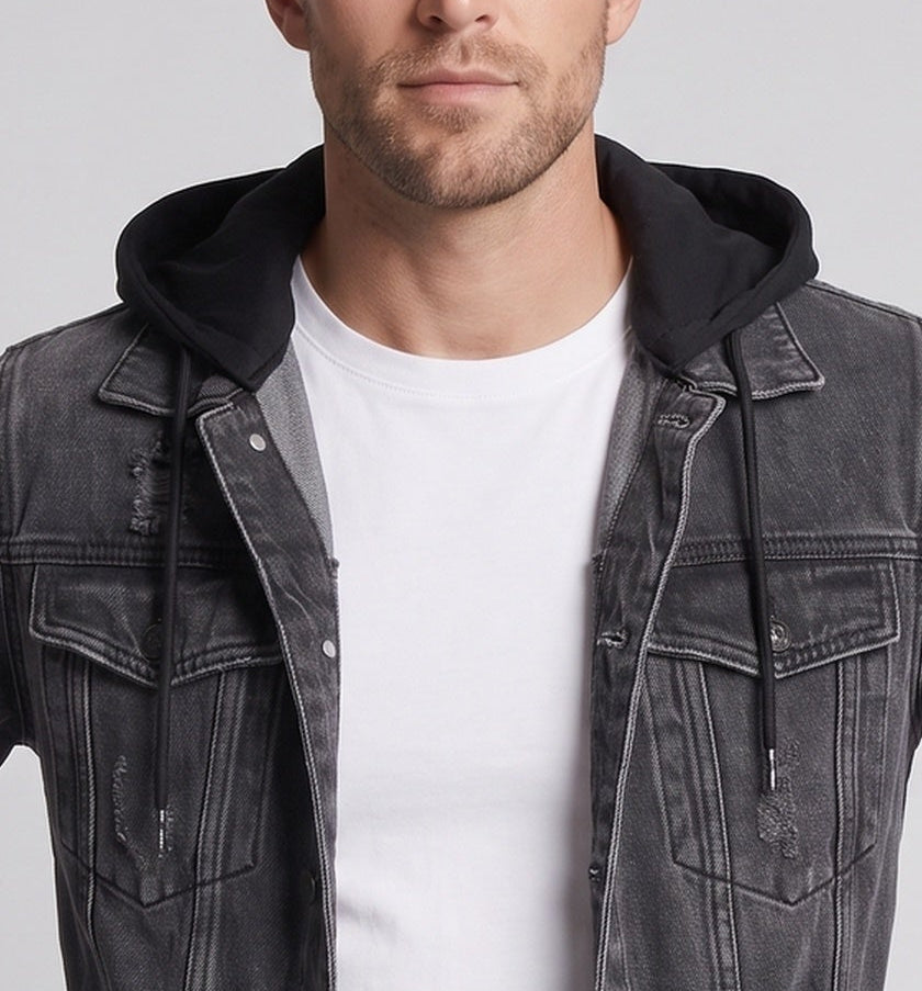 Herren Denimjacke im Layering-Look mit angenähter Jersey-Kapuze, Distressed-Details und geradem Schnitt Echo Archiv