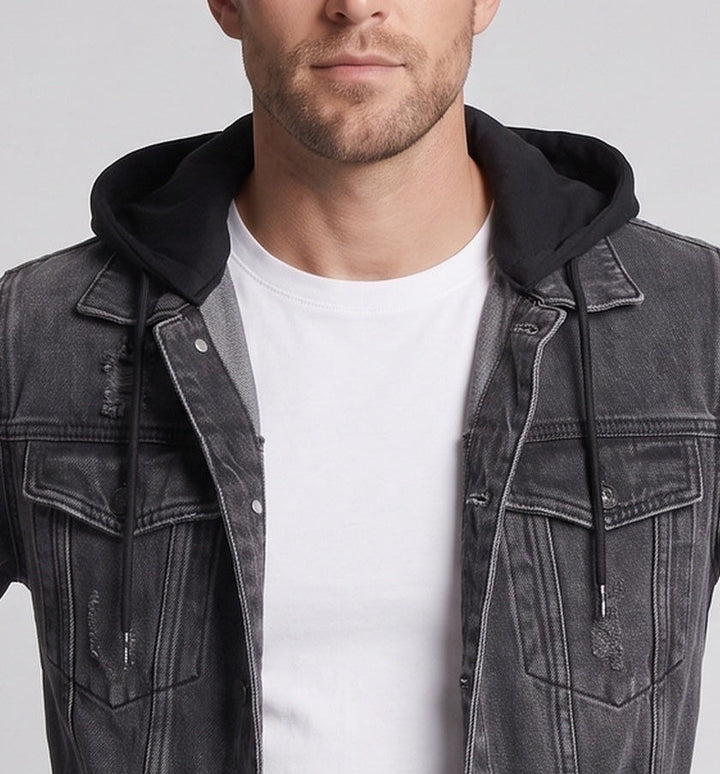 Herren Denimjacke im Layering-Look mit angenähter Jersey-Kapuze, Distressed-Details und geradem Schnitt Echo Archiv