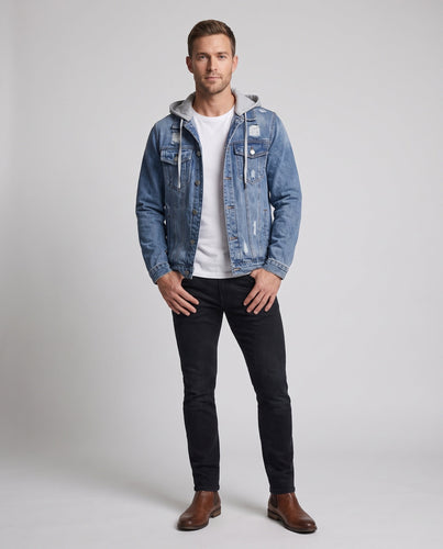 Herren Denimjacke mit angenähter Jersey-Kapuze, leichtem Used‑Effekt und Brusttaschen Echo Archiv