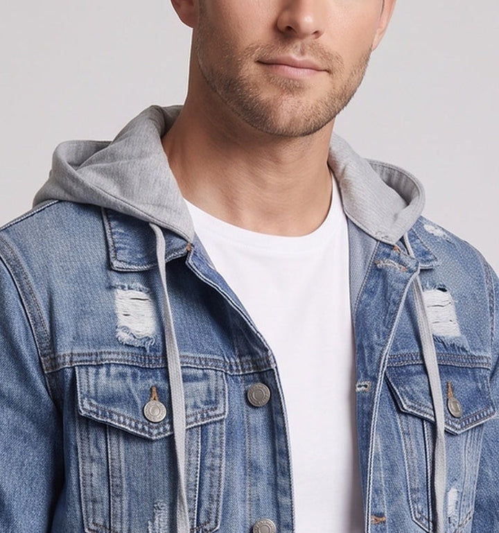Herren Denimjacke mit angenähter Jersey-Kapuze, leichtem Used‑Effekt und Brusttaschen Echo Archiv