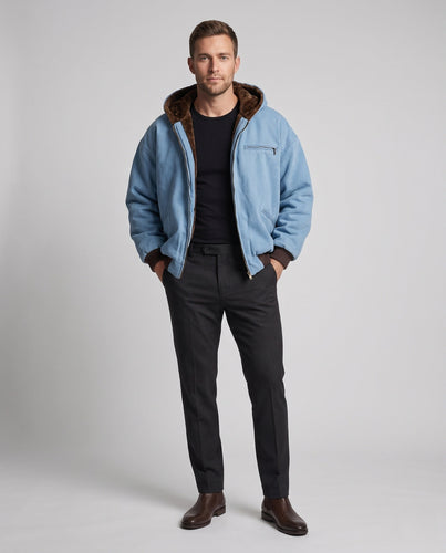Herren Gefütterte Oversized-Denim-Hoodiejacke mit Teddyfutter und Rippbündchen Echo Archiv