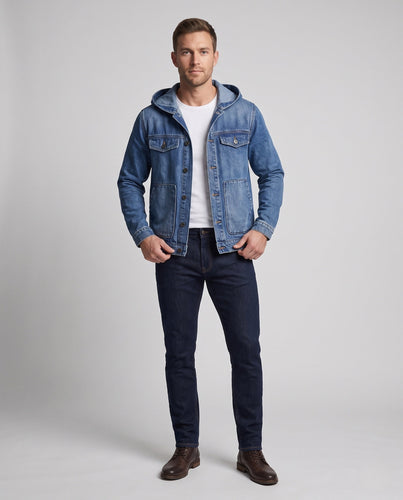 Herren Kapuzen-Jeansjacke aus Baumwollmix mit aufgesetzten Taschen und klassischem Trucker-Schnitt Echo Archiv