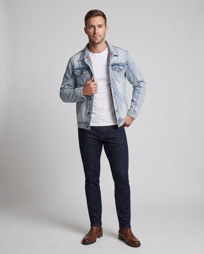 Herren lässige Denim‑Truckerjacke mit Paisley‑Innenfutter und geradem Schnitt Echo Archiv