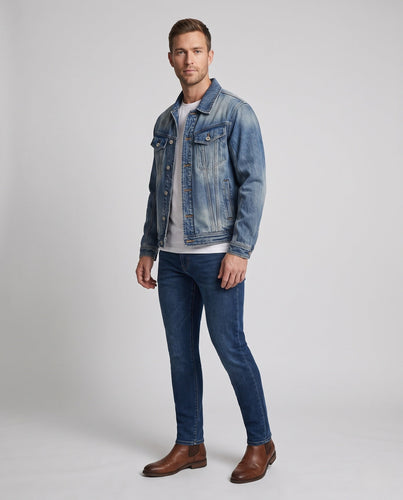Herren leichte Vintage-Denimjacke im Trucker-Schnitt mit Brustpatten und gerader Passform Echo Archiv