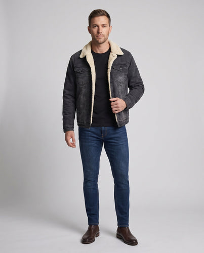 Herren Sherpa-gefütterte Denim-Truckerjacke mit Teddy-Innenfutter und Brustpatten Echo Archiv