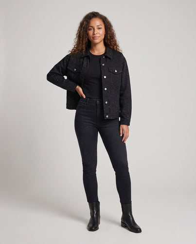 Unisex Oversized-Denimjacke mit Allover-Speckle‑Muster und Metall‑Druckknopfleiste Echo Archiv