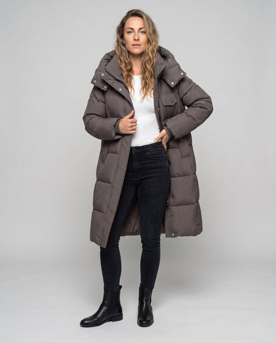 Damen Extra-langer Thermo-Steppmantel mit Kassettenstepp, Kapuze & Pattentaschen Echo Archiv