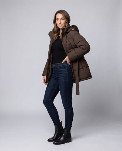 Damen Kurzparka-Steppjacke mit Taillengürtel & Kapuze Echo Archiv