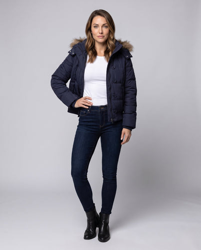 Damen Kurzpufferjacke mit abnehmbarer Kapuze, Kunstfellblende & zweifach Reißverschluss Echo Archiv