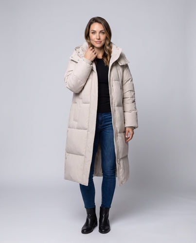 Damen Lange Oversize-Pufferjacke mit Kapuze, hohem Stehkragen und Thermowattierung Echo Archiv