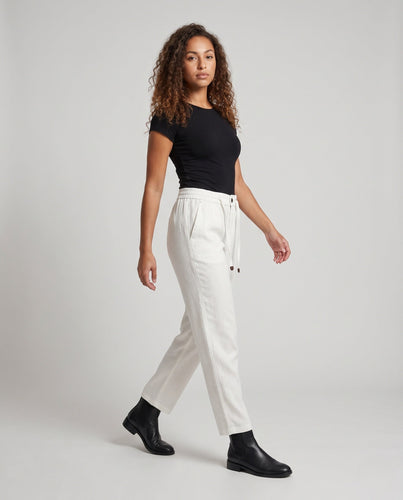 Damen Elegante Leinenoptik-Hose mit elastischem Bund, Kordelzug und Bügelfalte Echo Archiv