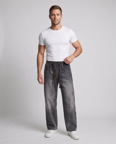 Herren weite Stonewash-Denimhose mit Kordelzug und Kontrastnähten Echo Archiv