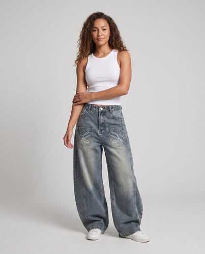 Damen Balloon-Baggy-Denim-Hose im Palazzoschnitt mit tiefem Schritt und aufgesetzten Fronttaschen Echo Archiv