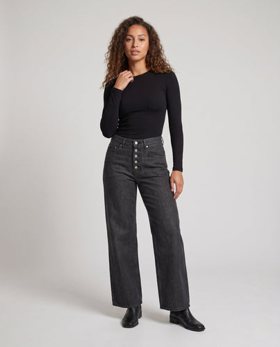 Damen Extraweite High-Waist-Baggy-Jeans mit sichtbarer Knopfleiste und bodenlangem Saum Echo Archiv