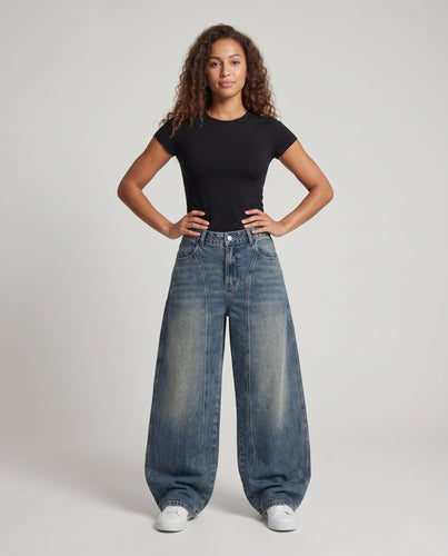 Damen Ultraweite Baggy-Denimhose mit hohem Bund und bodenlangem Saum Echo Archiv