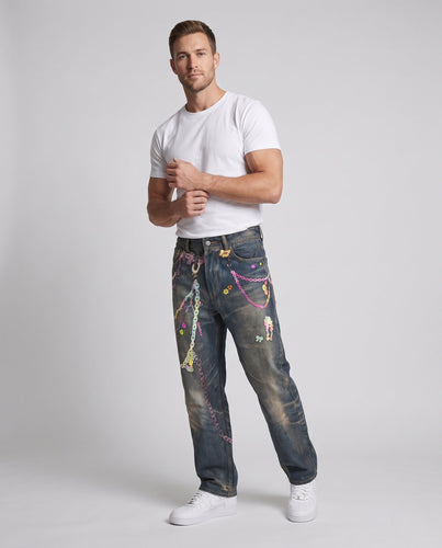 Herren Baggy-Denim-Jeans mit künstlerischer Ketten- und Perlendruck Echo Archiv