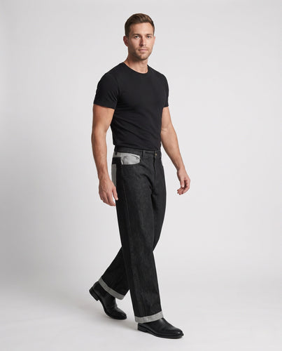 Herren Bodenlange Rohdenim-Palazzo-Jeans mit umgeschlagenem Saum und extra weitem Bein Echo Archiv