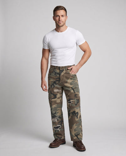 Herren Camouflage-Cargo-Pant im Baggy-Workwear-Look mit Destroyed-Details Echo Archiv