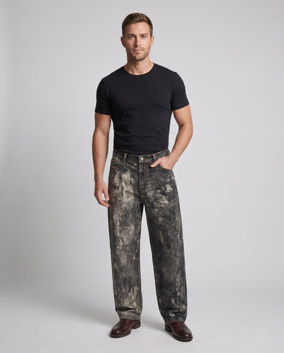 Herren Extraweit geschnittene Denim-Jeans im künstlerischen Patina-Look Echo Archiv