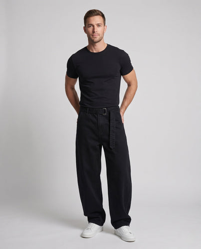 Herren Extraweite Baumwoll-Palazzo-Hose mit tiefem Schritt und Stoffgürtel Echo Archiv
