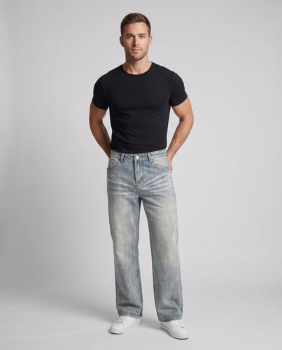 Herren Ultraweit geschnittene Vintage-Denim-Jeans mit Saumstapel und Whisker-Details Echo Archiv