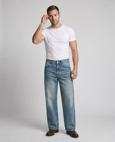 Herren Weit geschnittene Denim-Jeans im Vintage-Whisker-Design mit Palazzoschnitt Echo Archiv