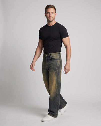 Herren Weite Denim-Hose mit geformter Schattenfärbung und bodenlangem Saum Echo Archiv
