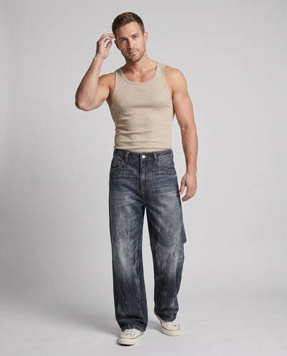 Herren Weite Schlagjeans im Vintage-Washed-Denim mit extra langem Saum Echo Archiv