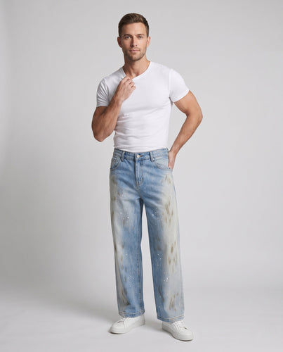 Herren Weite Vintage-Denim-Jeans im Palazzoschnitt mit Paint‑Splatter-Detail Echo Archiv