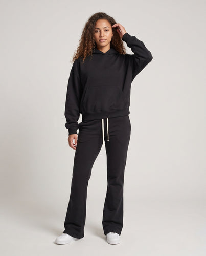 Damen Lounge-Set aus Baumwoll-Fleece mit Cropped-Kapuzenpullover und ausgestellter Jogginghose Echo Archiv
