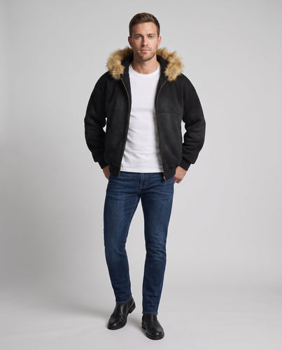 Herren Pilotjacke mit Kapuze, Kunstfellbesatz und durchgehendem Reißverschluss Echo Archiv