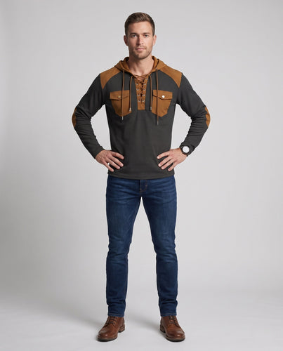 Herren Kapuzen-Langarmshirt mit Schnürkragen, Pattentaschen und Ellenbogen-Patches Echo Archiv