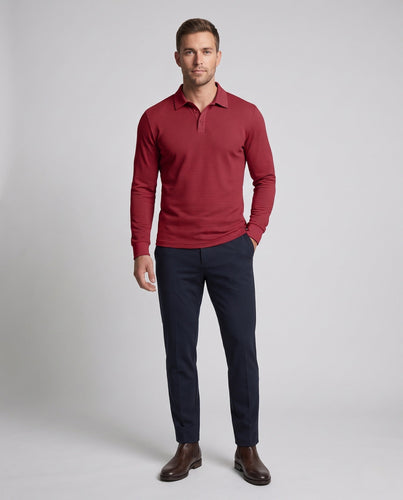 Herren Langarm-Poloshirt aus feinem Waffelstrick mit Knopfleiste und Rippbündchen Echo Archiv