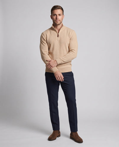 Herren Troyer-Pullover mit Diamantstruktur, Halbzip und Leder-Zipper Echo Archiv