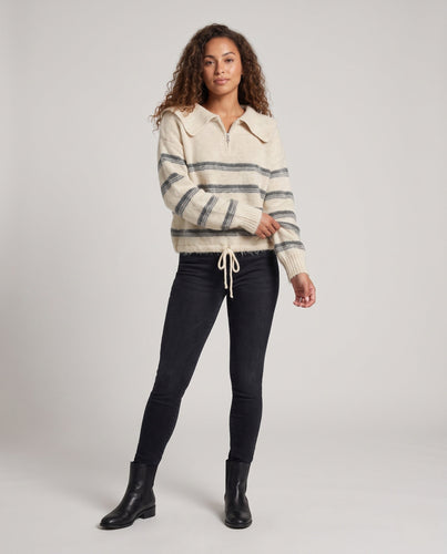 Damen Flauschiger Mohair-Blend Pullover mit übergroßem Matrosenkragen, halbem Reißverschluss und Kordelzug Echo Archiv