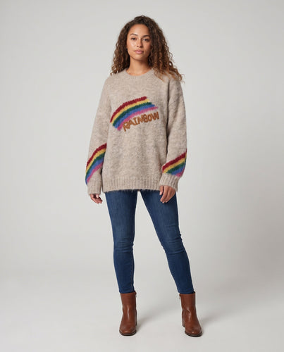 Damen Flauschiger Oversize-Pullover mit Regenbogen-Motiv und Rundhals Echo Archiv