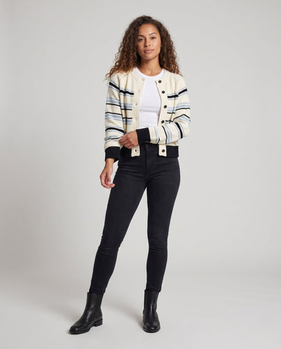 Damen Gestreifte Strickjacke mit Rundhalsausschnitt und geripptem Saum Echo Archiv
