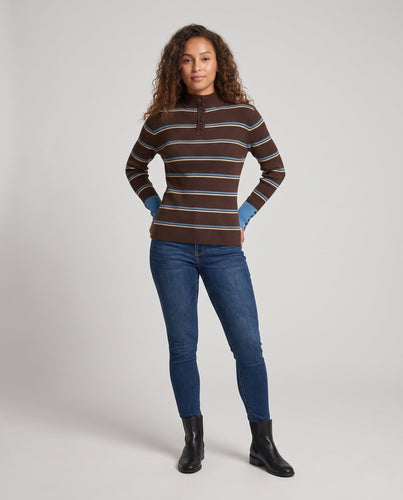 Damen Gestreifter Rippstrick-Pullover mit Stehkragen, Knopfleiste und Kontrastbündchen Echo Archiv