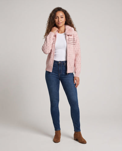 Damen gestrickte Kapuzenjacke mit Kunstpelzbesatz und Reißverschluss Echo Archiv