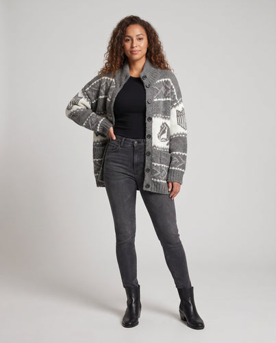 Damen Grobstrick Cardigan mit hohem Kragen und Norwegermuster Echo Archiv