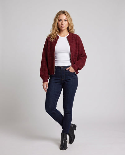 Damen Kurze Bomber-Strickjacke mit Waffelstruktur und Reißverschluss Echo Archiv