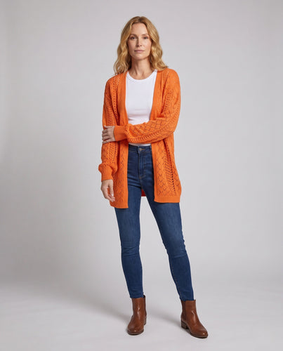 Damen Langer Ajourstrick-Cardigan mit Ballonärmeln und gerippten Bündchen Echo Archiv