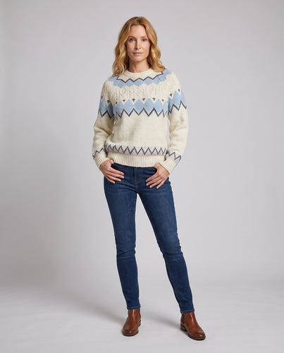 Damen Norwegermuster Rundhalspullover aus Wollmix mit geripptem Saum Echo Archiv