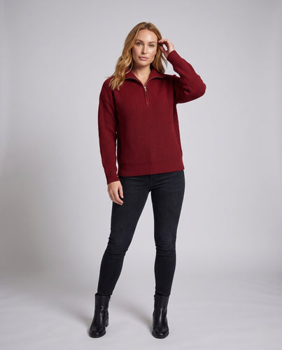 Damen Oversize Rippstrickpullover mit halbem Reißverschluss und Seitenschlitzen Echo Archiv