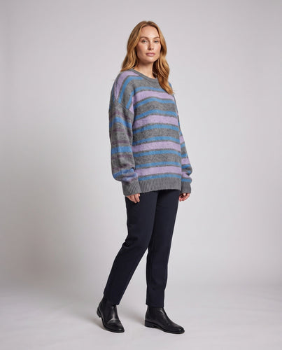 Damen Oversize-Rundhalspullover im Mohair-Look mit mehrfarbigen Streifen Echo Archiv