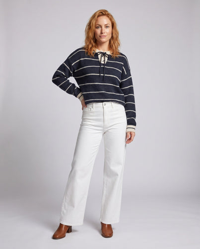 Damen Oversize Strickpullover mit Schnürkragen und meliertem Streifenmuster Echo Archiv