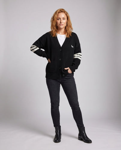 Damen Oversize V-Ausschnitt-Cardigan mit Kontraststreifen an den Ärmeln und aufgesetzten Taschen Echo Archiv