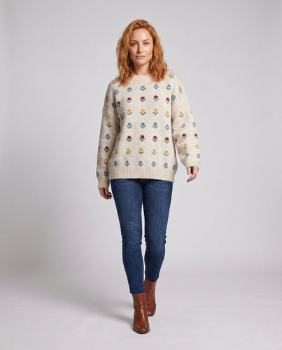 Damen Oversize Wollmix-Pullover mit Intarsia-Blumen und Rundhalsausschnitt Echo Archiv